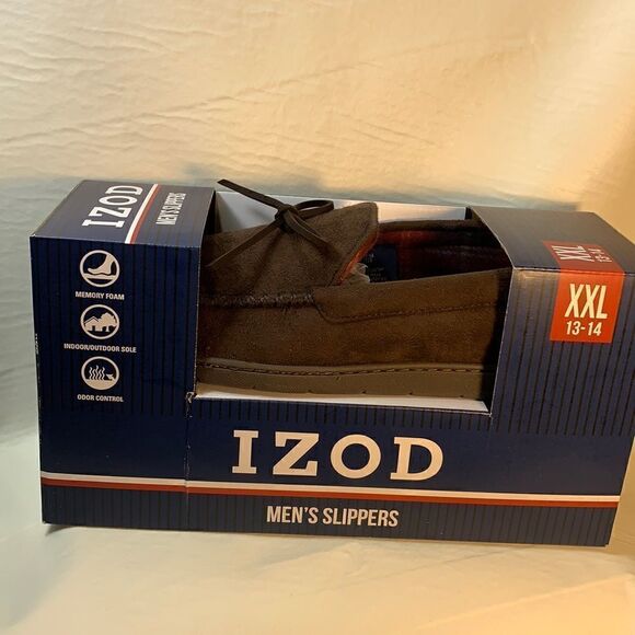 Izod Mens Slippers 100% Polyester Feel The Comfort XXL  Brown Home Holidays New - Picture 1 of 7